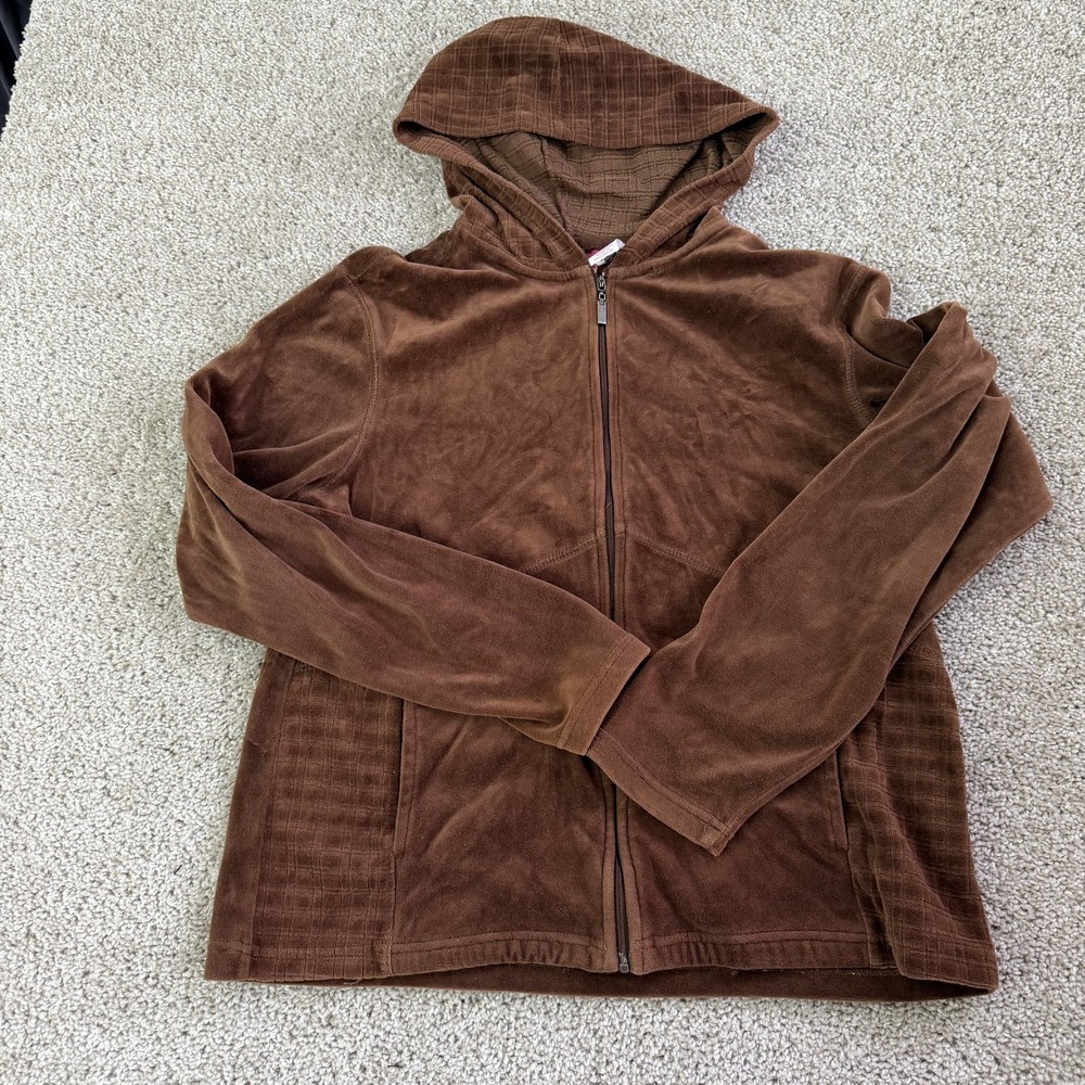 Y2K Pappagallo Hoodie Womens Small Brown Velour Full Zip Pockets Hooded Jacket